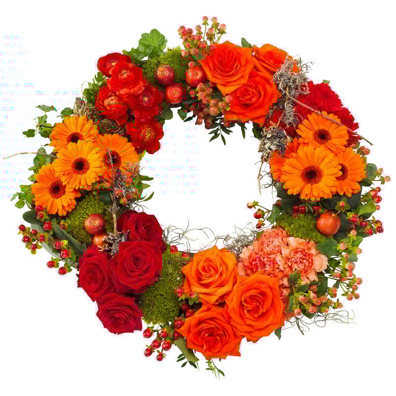 Funeral wreath in red and orange colours.